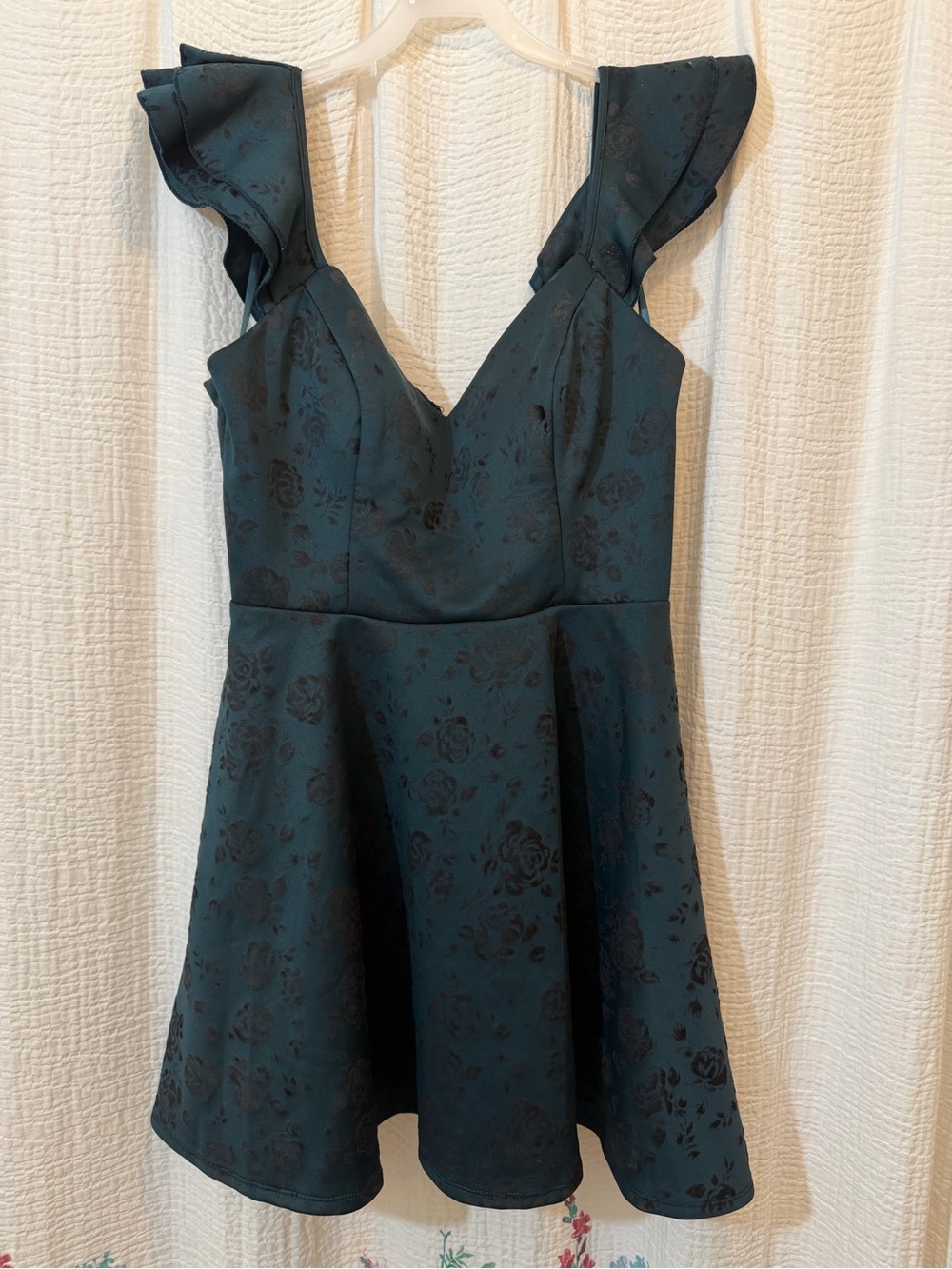 Green Floral Jacquard Mini Dress with Ruffle Straps
